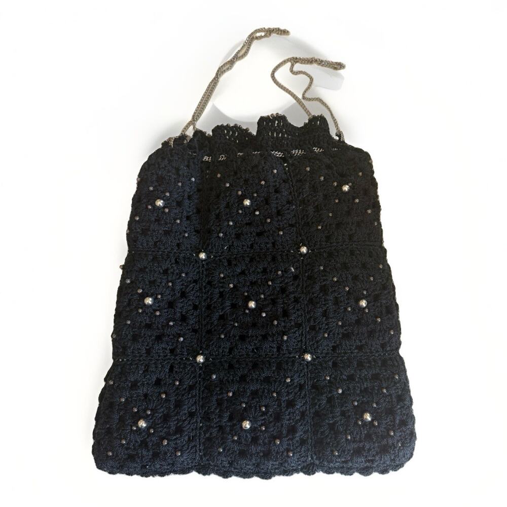 Vintage Black Cinch crochet Knit Handbag Silver Chain Hand Strap Jeweled 10x8”